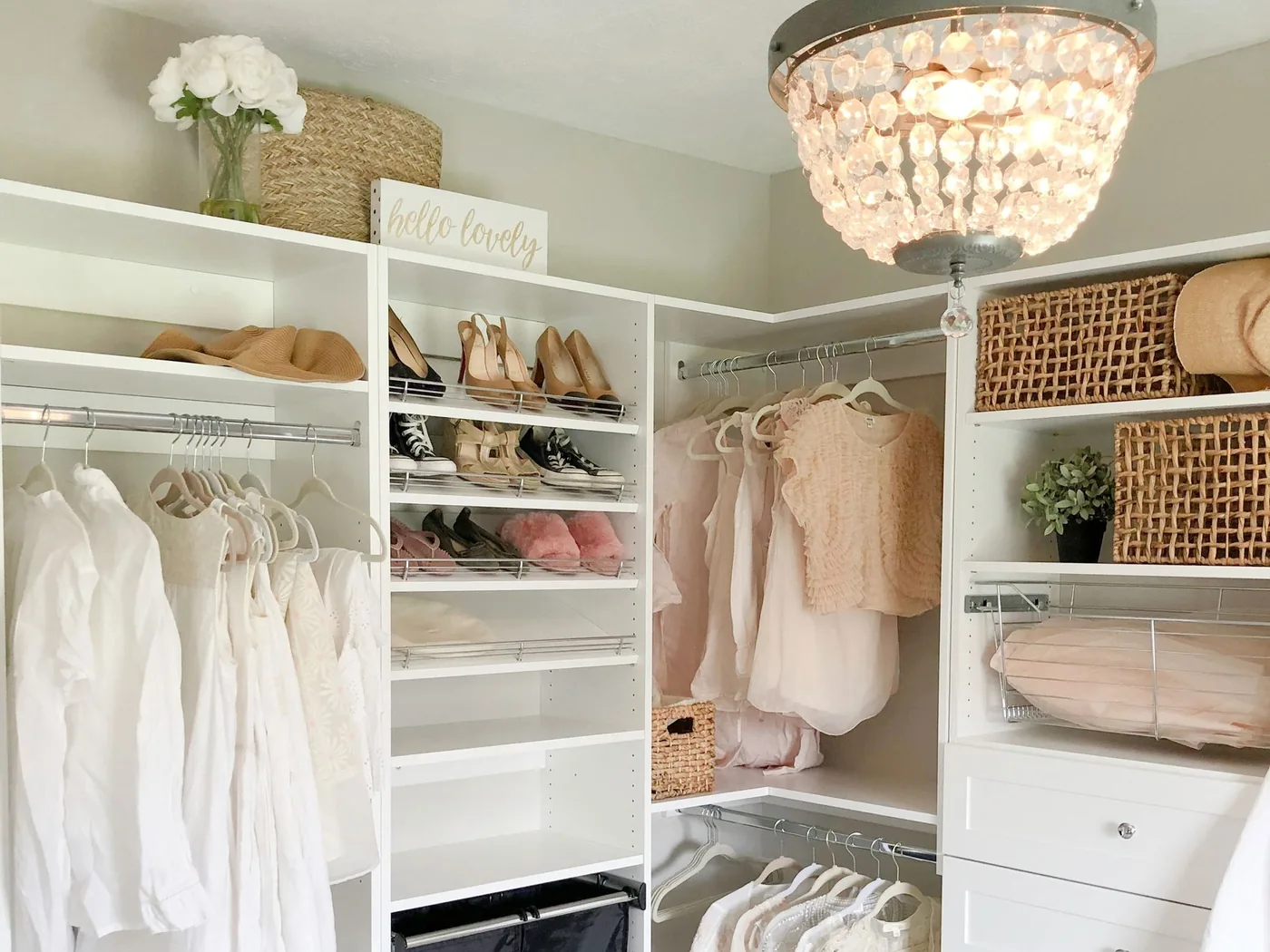 Custom walk-in closet with drawers, shelves and hanging space