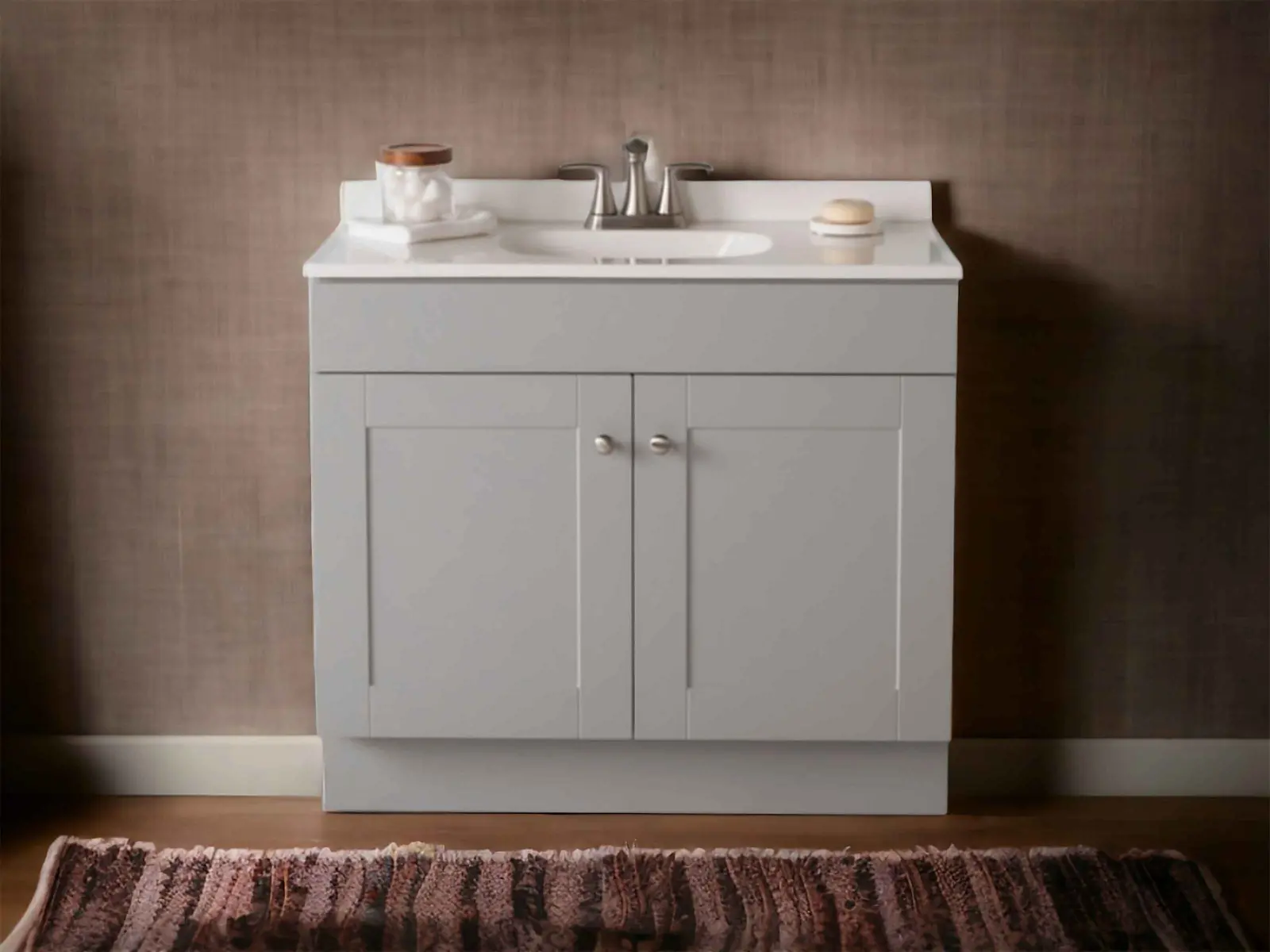 Gray Shaker bathroom vanity with coordinated counter and bathroom finishes